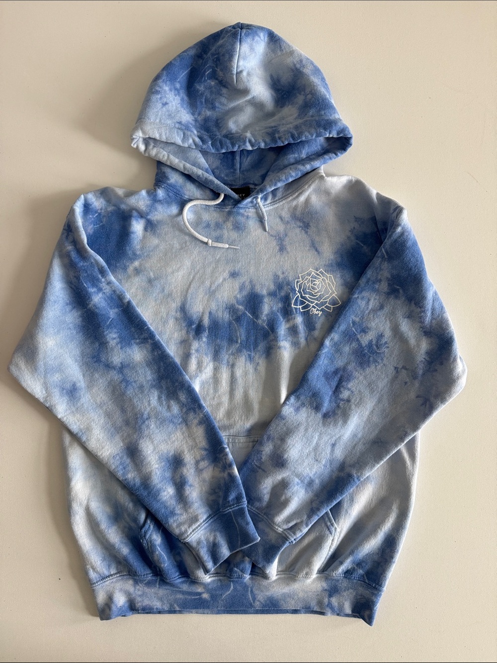Obey Blue and White Tie-Dye Hoodie with Rose Outline